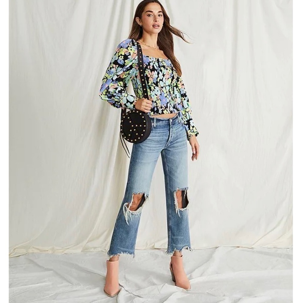 Free People Maggie Straight Leg Mid Rise Distressed Denim Jeans